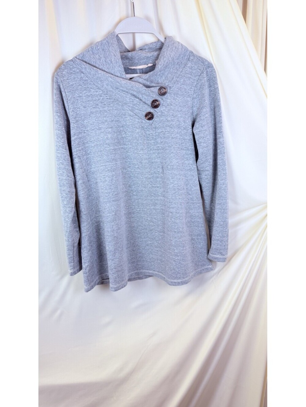 Soft Surroundings Women’s S Brinley Solid Gray/Blue Cowl Neck Button Sweatshirt